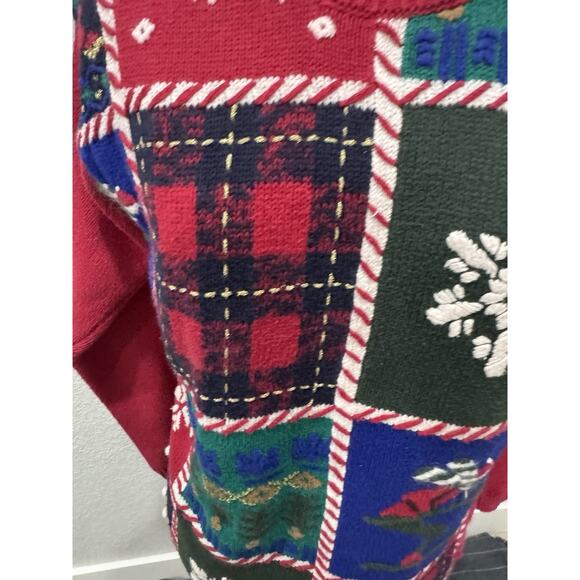 Vintage Patchwork Knit Sweater Snowflake Skiing Christmas Holiday Ugly Sweater - Picture 3 of 9